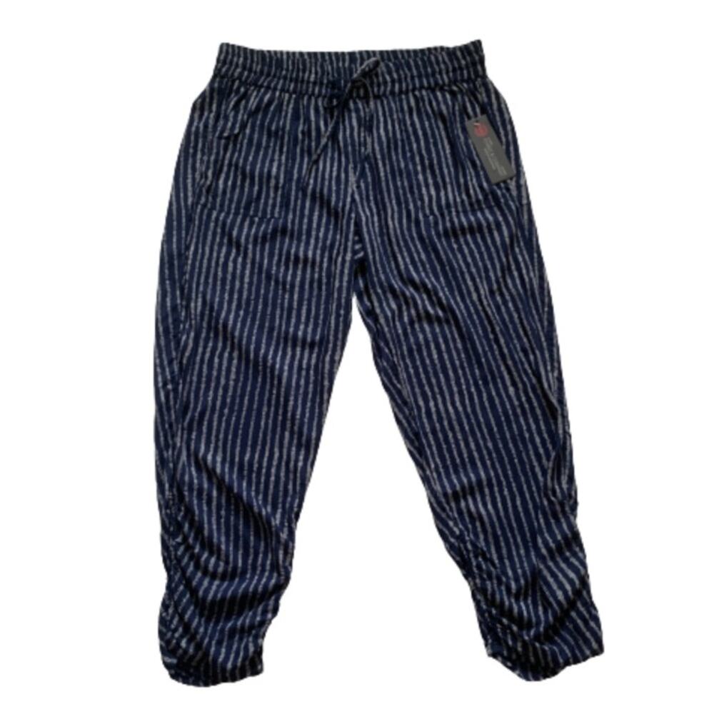 Khakis & Company Pants Blue White Stripe Tie Waist Pocket Casual Ankle Large NEW